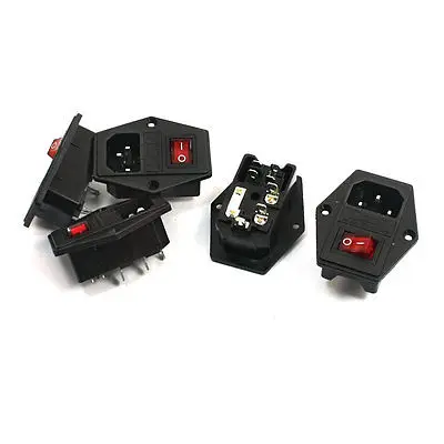 

5Pcs Red Lamp Rocker Switch Fuse Holder IEC320 C14 Inlet Power Socket AC250V 10A