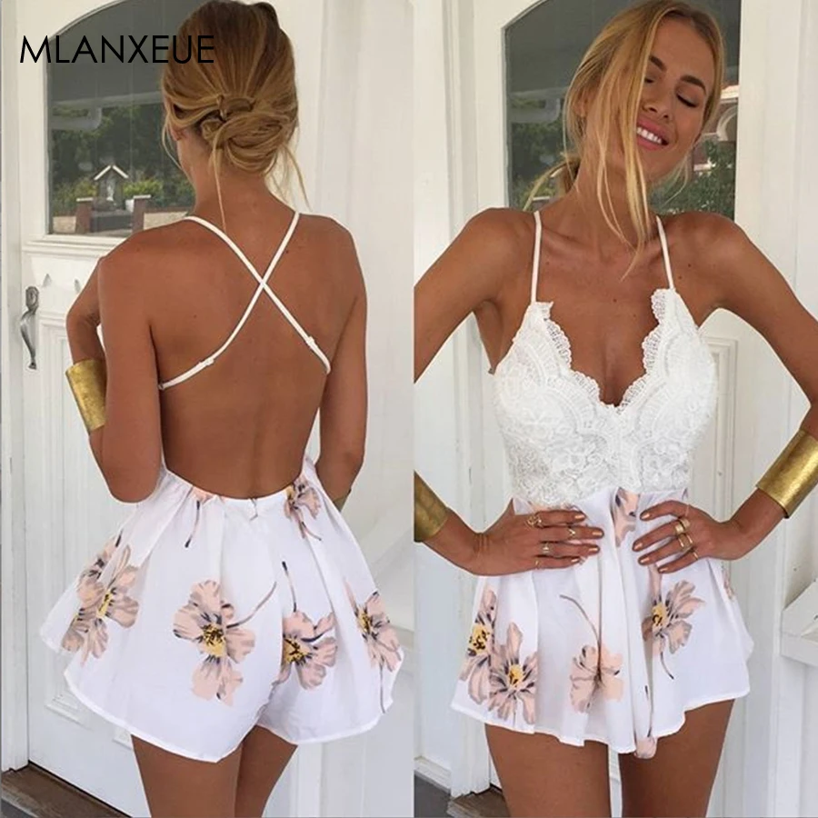 

Sexy Patchwork Lace Playsuits Women Fashion Backless Spaghetti Strap Summer Rompers Ladies Cusual Loose V-Neck Beach Combi Short