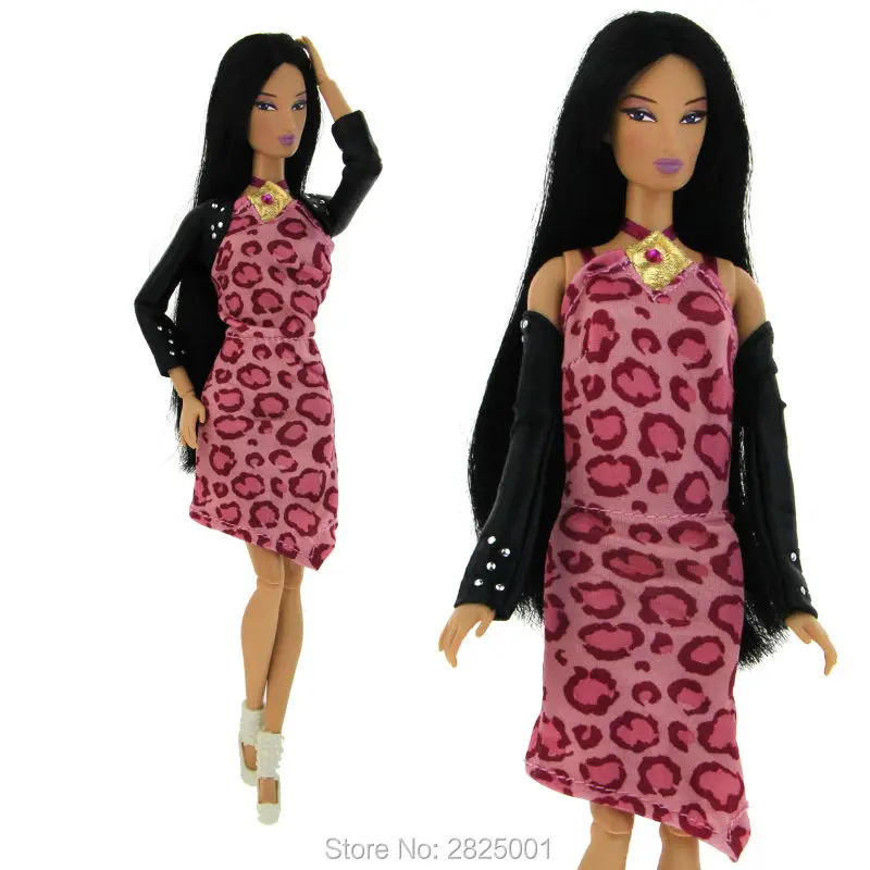Мода Розовый Леопард платье с принтом Свадебная вечеринка юбка кожаная куртка Обувь Аксессуары Одежда для Барби FR Kurhn кукла подарок