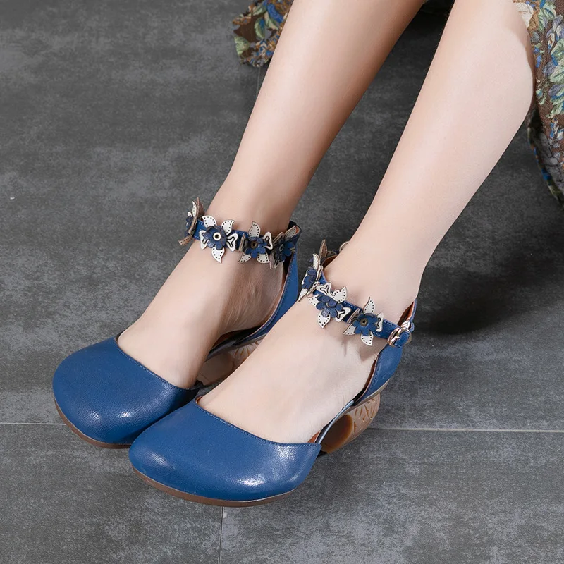 

Handmade Women Leather Sandals 5 Cm High Heels Ankle Strap Summer Shoes Botines Genuine Leather Ladies Sandals Blue Shoes 2018