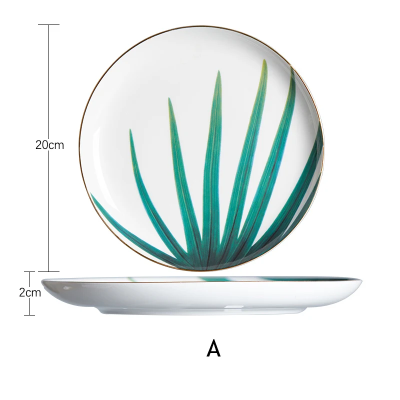 1 шт., дизайн с зелеными листьями, обеденная тарелка в Европейском стиле, керамическая посуда, посуда для пасты, тарелка из костяного фарфора, 8 дюймов - Color: A
