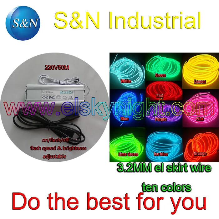 Best Offers ten color 3.2MM 50M~100M Flexible el skirt Wire Neon Light &100-240VAC inverter for holiday,party,festival and house decoration