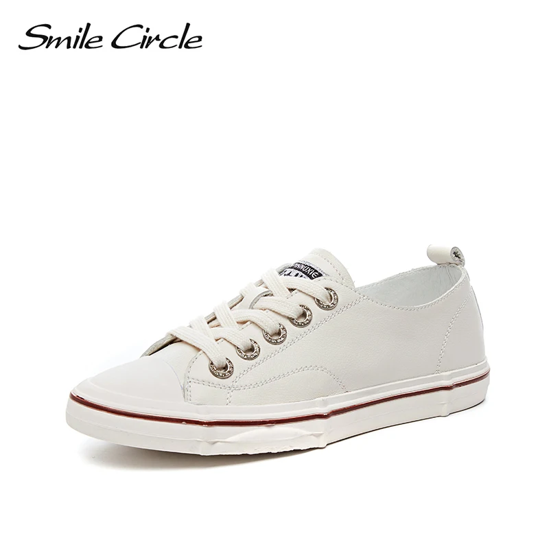 

Smile Circle White sneakers 2019 Spring shoes women Genuine Leather casual Flat shoes women Lace-up Soft bottom Ladies shoes