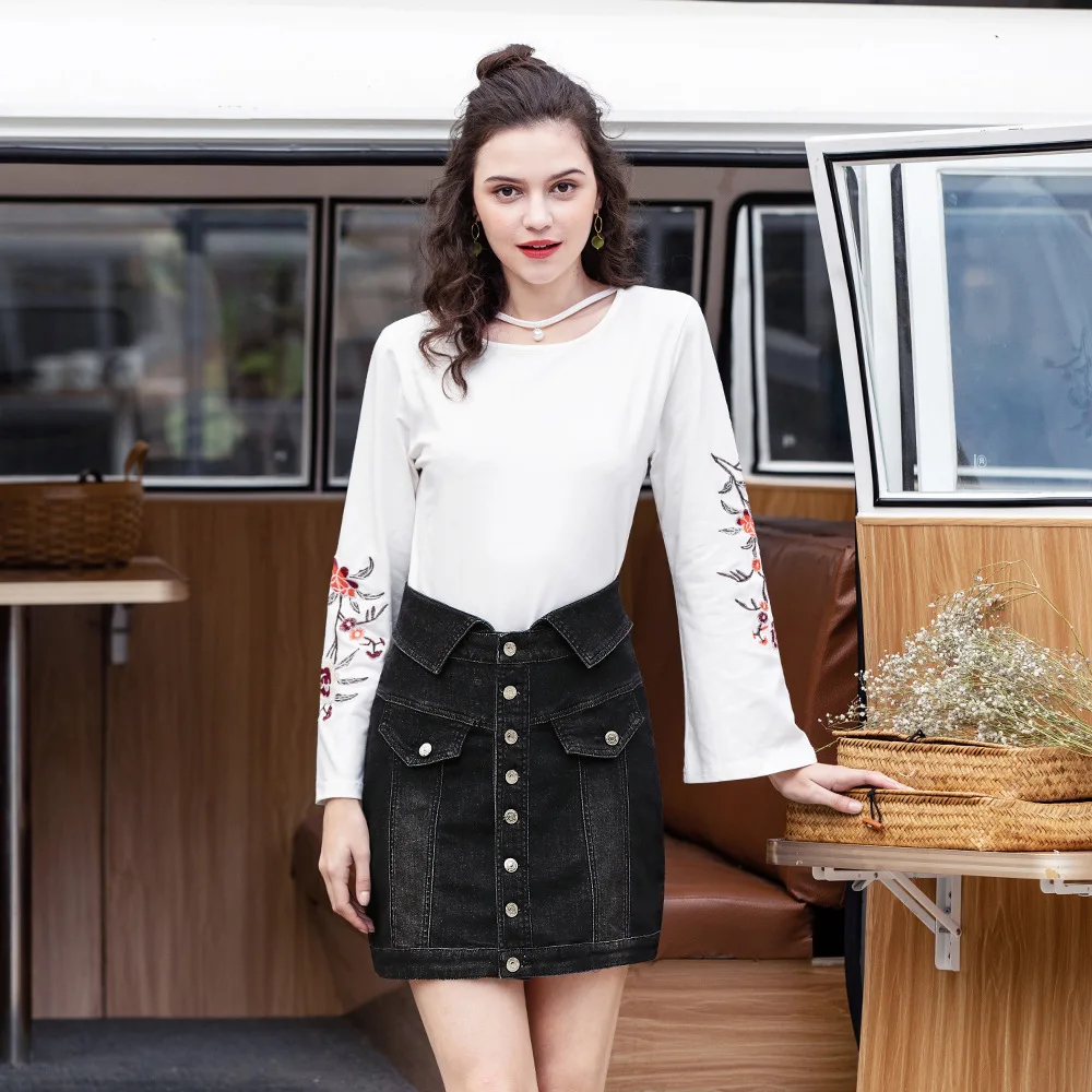

2019 Summer New Arrival Women A-Line Denim Skirt High Waist Style Polyester Fiber Cotton Design Free Shipping
