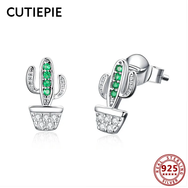 

CUTIEPIE Real 925 Sterling Silver Cactus Plant Stud Earrings for Women Clear Crystal CZ Earrings Romantic Silver Jewelry Gifts