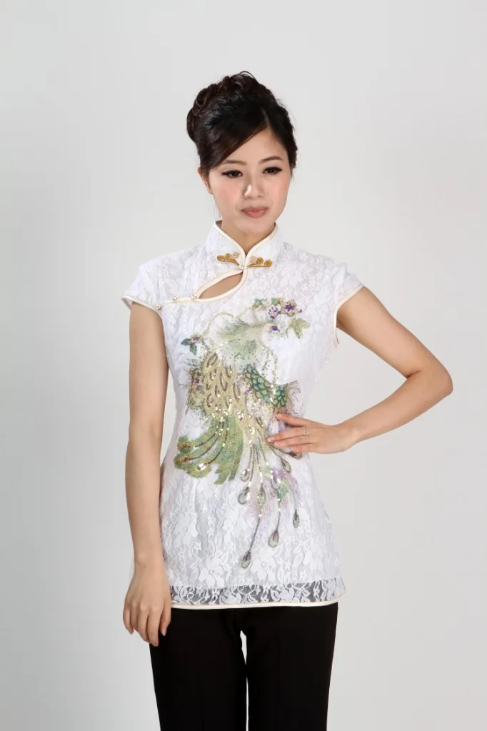

Chinese Traditional Costume Women's Lace Short-sleeve Shirt Size: S to 3XL