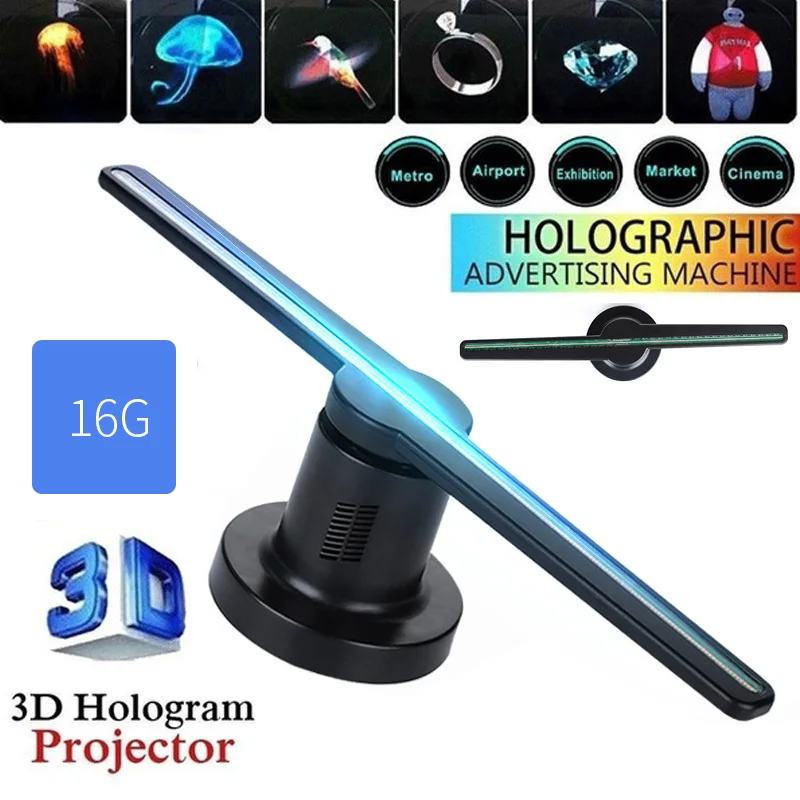 224 светодиодный s с 16G TF 3D голограмма проектор вентилятор голографический плеер вечерние декоративные лампы рекламный дисплей голограммы светодиодный