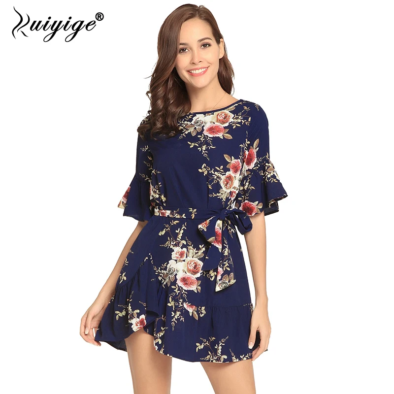 Ceny Ruiyige 2018 Summer Floral Print Mini Sukienka Długie Koszule Casual Kr oacute;tki Flare Rękawem O neck Kobiety Bluzka Luźna Koszulka Sukienka Bandaż