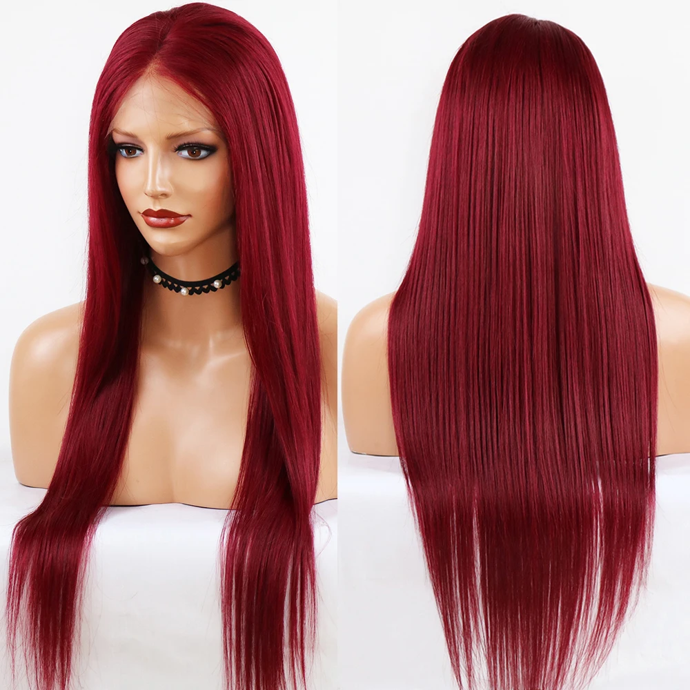 

SimBeauty Glueless Long Straight 99J 13x4 Lace front human hair Wig Pre Plucked With Baby Hair Red Color Brazilian Remy Hair