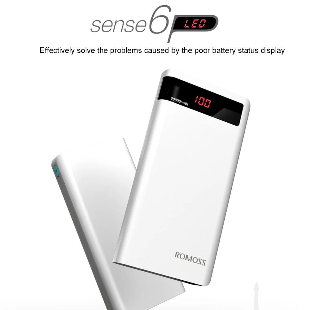 ROMOSS Classic Sense 6P 20000mAh портативный внешний аккумулятор универсальный внешний аккумулятор с ЖК-дисплеем двойной USB быстрое зарядное устройство