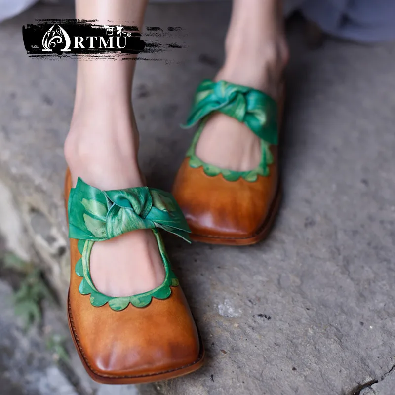 

Artmu Women Shoes Square Toe Butterfly-knot Shoes Handmade Leather Bow Sandals zapatos de mujer sandalias de verano para mujer