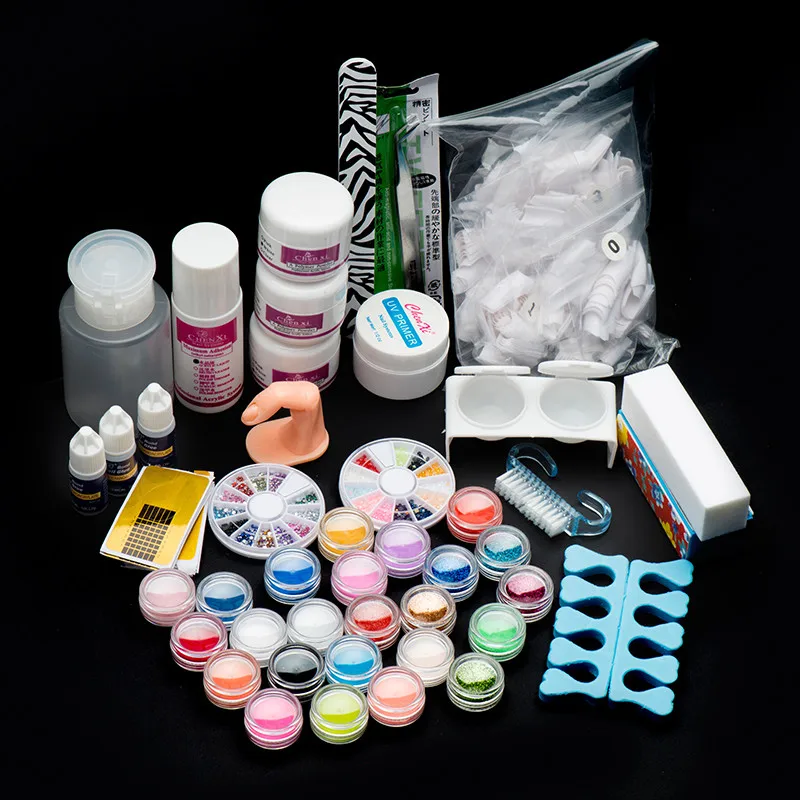 

Quality Nails Art set 22 Acrylic Nail Art Tips Powder Liquid Brush Glitter Clipper Primer File Set Kit Nail combination suit#10