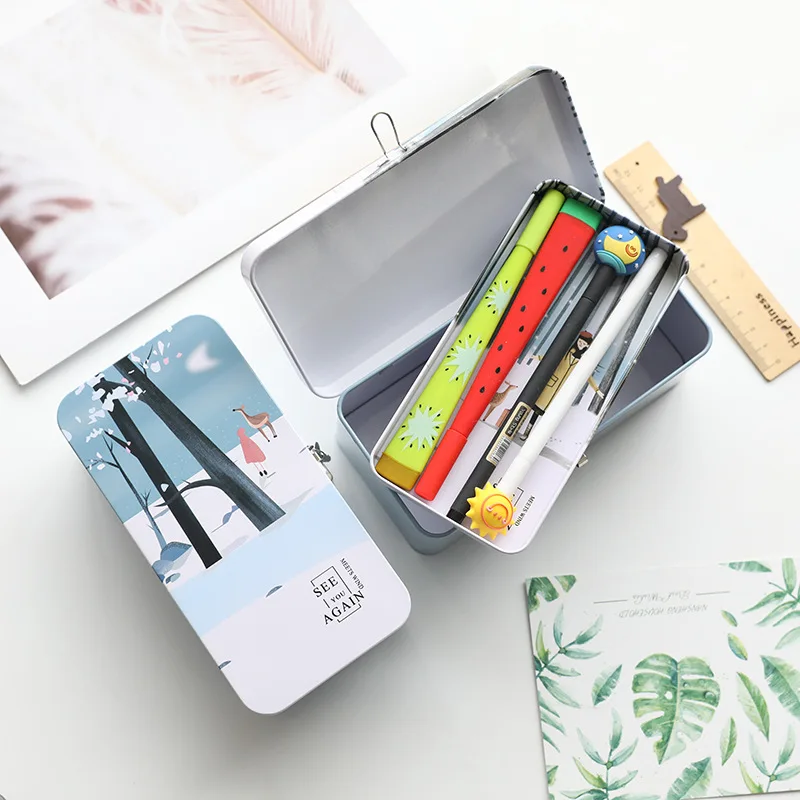 

Multifunctional Tinplate Storage Box Locked Double Storage Case Desktop Organizer Stationery Cosmetic Finishing Storage Box Gift