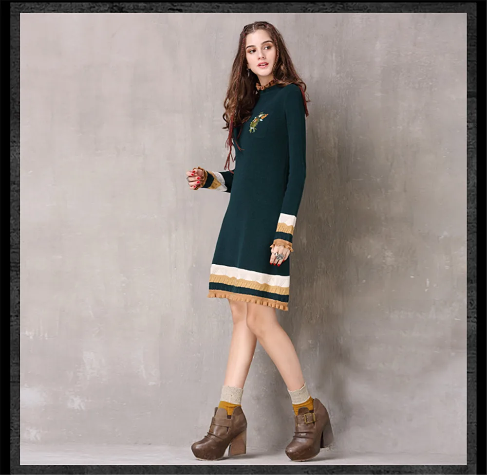 Vintage Winter Sweater Dress Women Green Casual Elasticity Cotton Dresses Autumn Knitting Ruffles-Neck Long Sleeve Dresses (13)