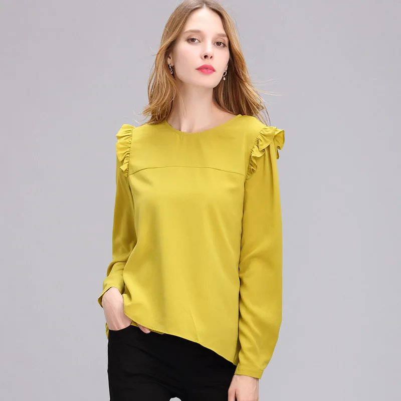 Women chiffon yellow shirt solid loose fitting Long ...