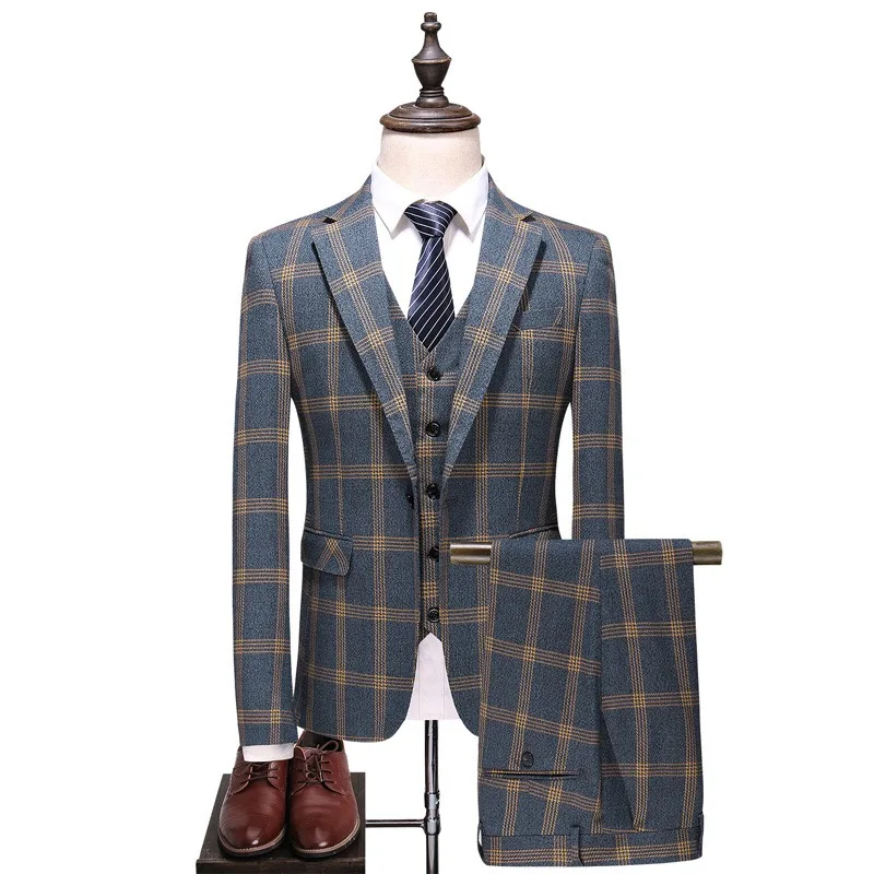 

2019 NEW 3 Pieces Mens Suits Plaid Slim Fit Wedding Suits Groom Tweed Wool Tuxedos for Wedding (Jacket+Pants+Vest)