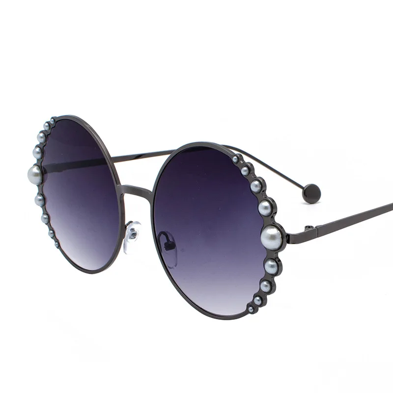 Роскошные круглые солнцезащитные очки больших размеров, женские модные солнцезащитные очки кошачий глаз с жемчугом, винтажные брендовые дизайнерские солнцезащитные очки с металлической оправой - Цвет линз: 2