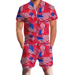 Мода 2019 г. для мужчин комбинезон с коротким рукавом Флаг США пляжные Мужской Fit комбинезон Прохладный Брюки Карго короткие однобортный топы