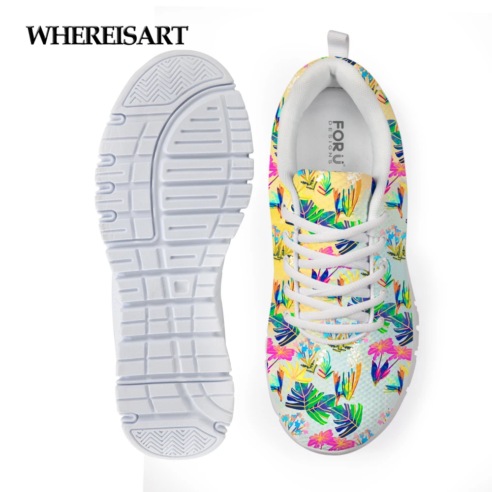 

WHEREISART Shoes Women Designer Tropical Plants Printed Sneakers Mesh Walking Flats Breathable Ladies Footwear 2019 New Spring