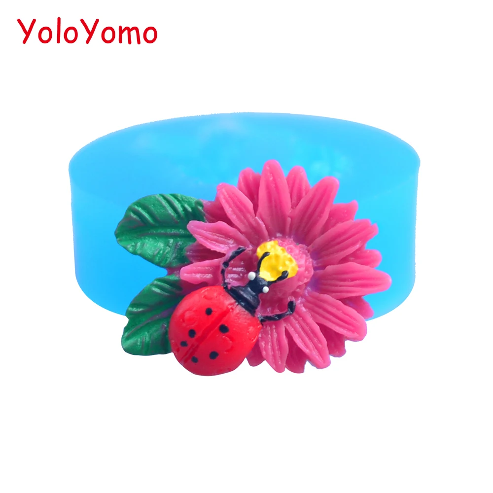 

Free Shipping H245YL Flower Mold - Ladybird On Flower with Leaves Slicone Mold Cake Decorating, Cakecup Topper Resin Candy Mold