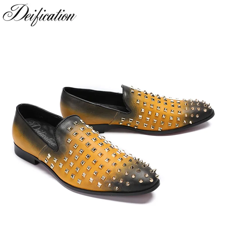 Deification Runway Moccasins Rivets Studded Mens Loafers Slip-On Casual Dress Male Flats Genuine Leather Italian Style Men Shoes | Обувь