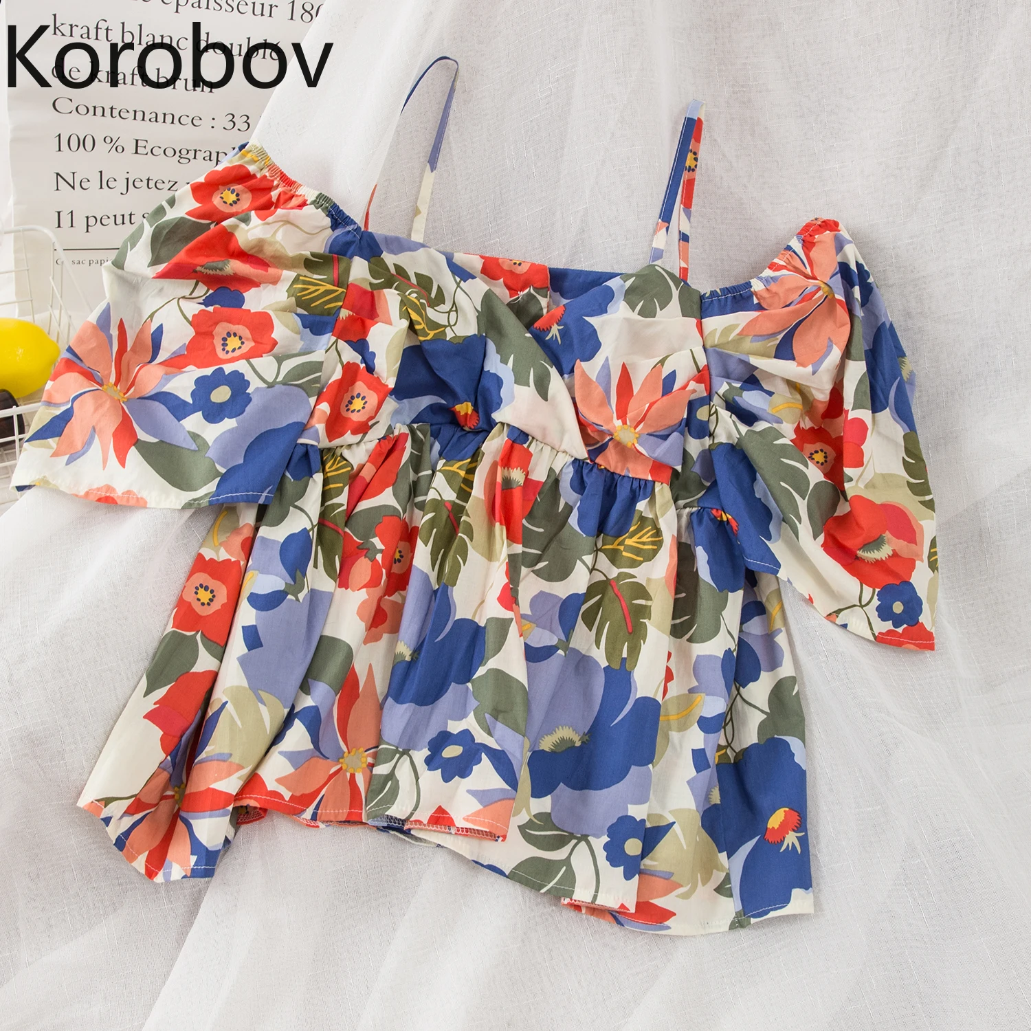 

Korobov Flower Print Slash Neck Women Shirts Korean Sweet Puff Short Sleeve Crop Top Blusas Mujer Beach Boho Blouse 78076