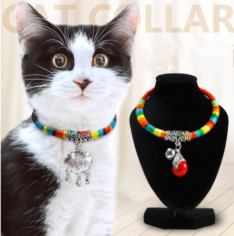 

Handmade Pet Collar Personality Pet Supplies Tibetan beads Dog Collar With Bell Jeweled Cat Collars 171111-28