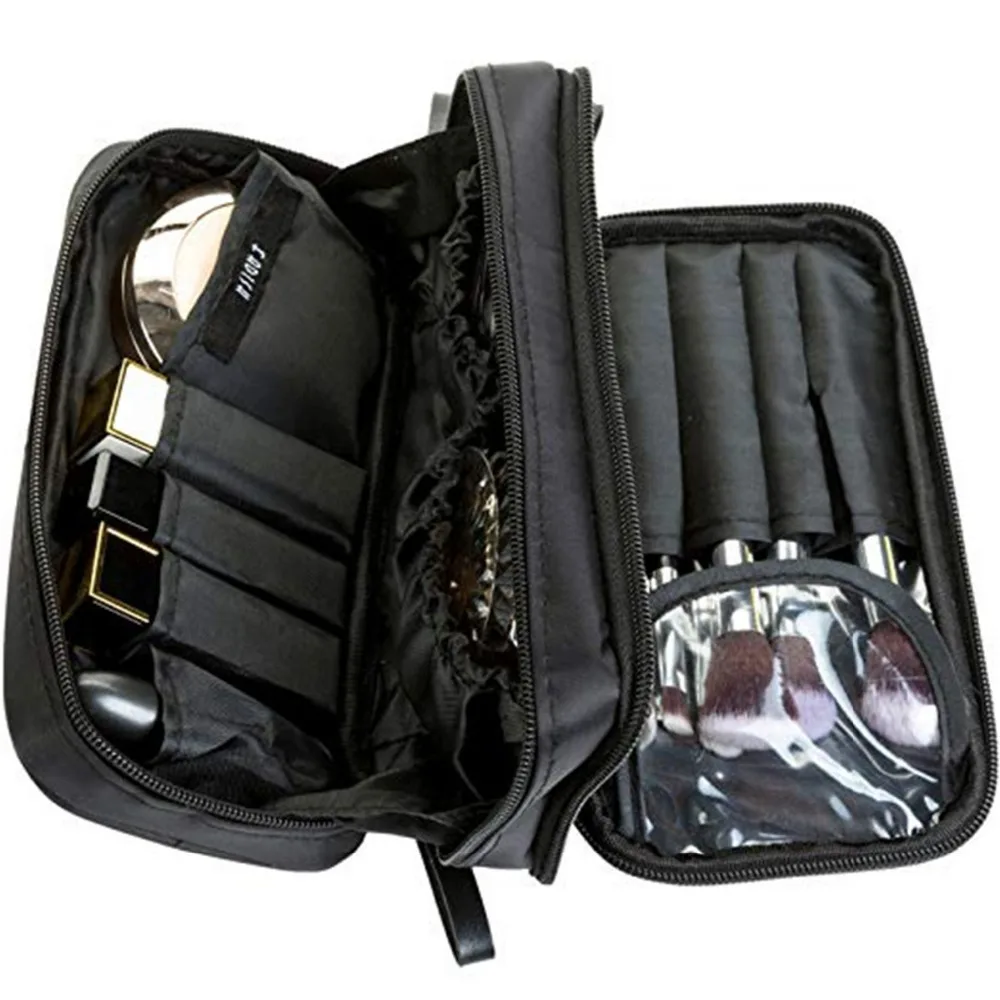 Black/Black-Pink Portable Women Nylon Cloth Dual Layer cosmetic Make up Pouch Brush Organizer Storage Bag cosmet Makeup Tool Kit