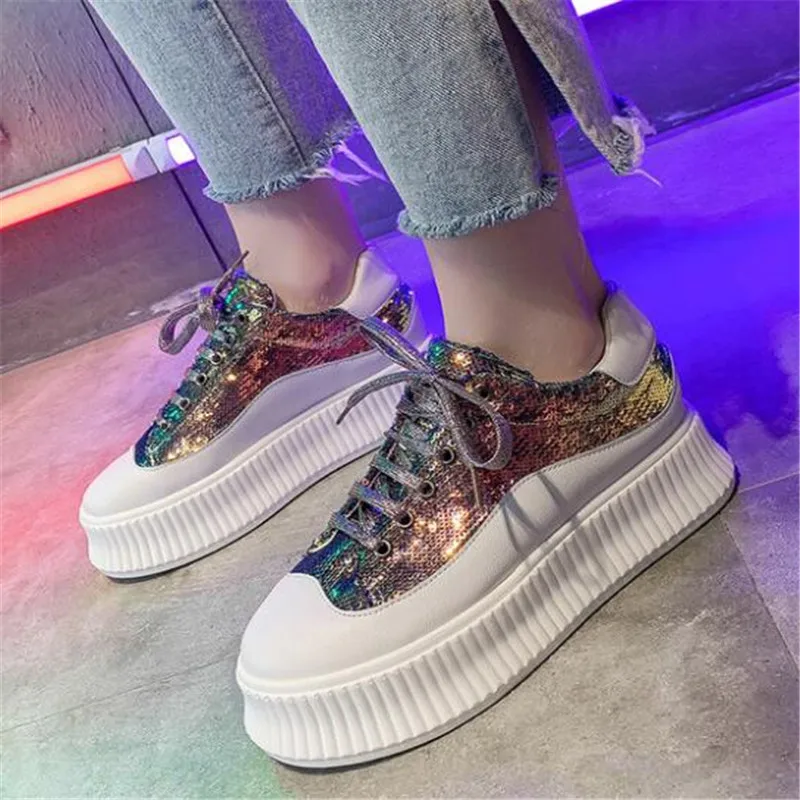 

DIWEINI 2019 Women's Chunky Sneakers Mesh Women Platform Shoes Lace Up Sequins Vulcanize Shoes Womens Trainers Dad Shoes D53