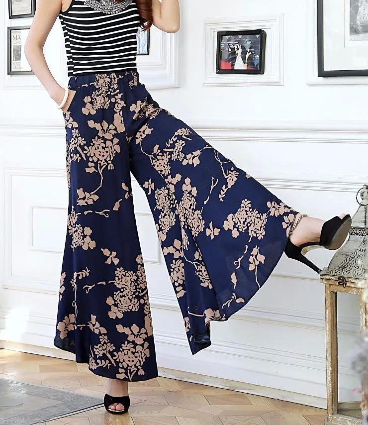 2015 summer women casual Elastic high waist wide leg linen baggy pants ...