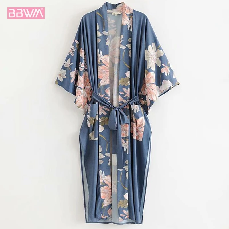 

2019 summer new women's loose sleeves thin flower print holiday kimono jacket long coat Beach bohemian women's sun protection