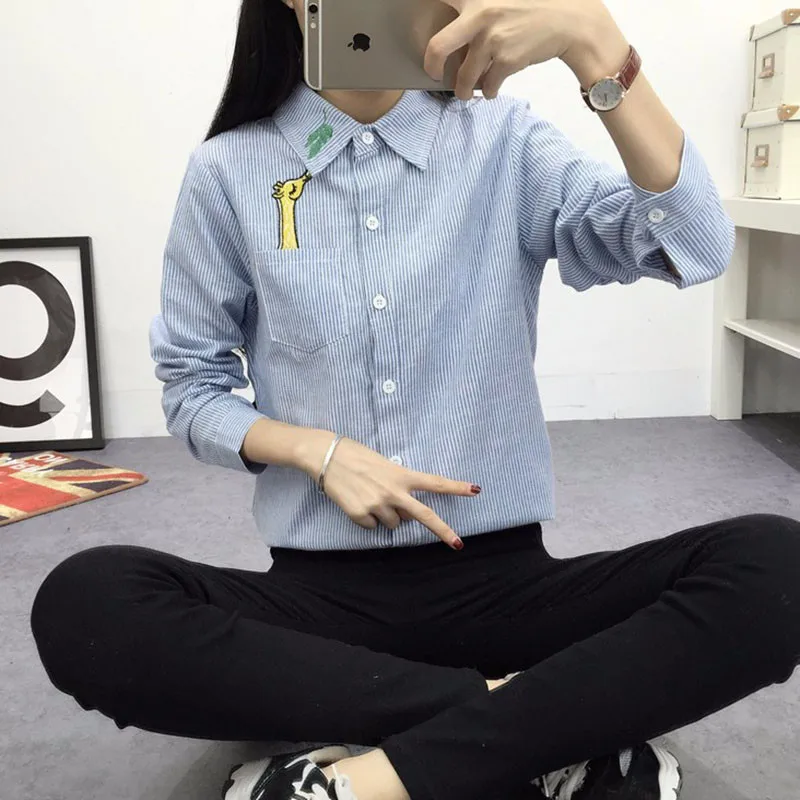 2016 New Spring and Autumn Womens Shirt Blouse Cat Embroidery Long Sleeve Women Shirts Casual Tops Size M-XL11