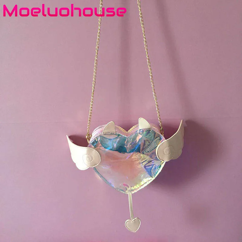 

Moeluohouse Heart Shape Wing Tail Women Girl Shoulder Messenger Crossbody Bag Zipper Chain PU Korean Style Kawaii Cute Gift