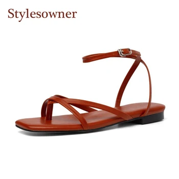

Stylesowner 2019 Casual Narrow Band Flat Summer Sandal Shoe Red Beige White Leather Cool Open Toe Leisure Comfortable Sandal