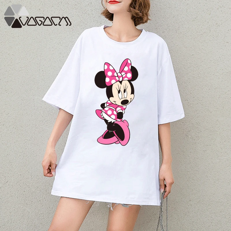 

Summer Clothes For Women Minnie Mickey Mouse Print Tops Short Sleeve Black Loose Cartoon Plus Size T Shirts Casual Mujer Tee