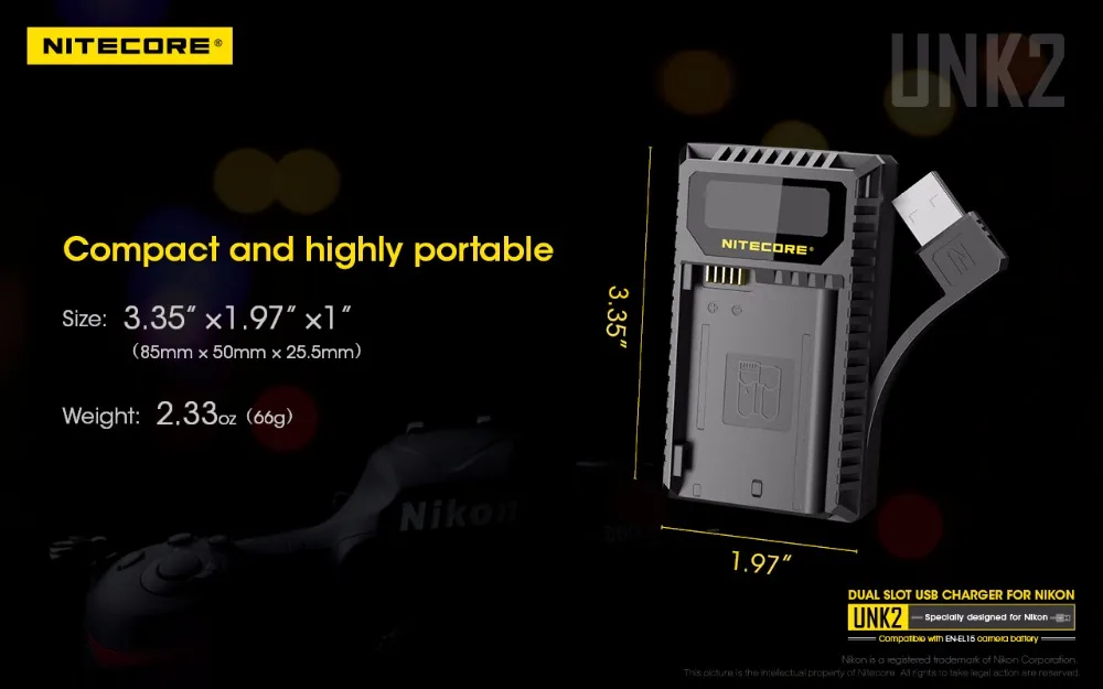 Nitecore UNK2 Dual USB Зарядное устройство для Nikon EN-EL15 Батарея D500 D600 D610 D750 D800 D800E D810 D810A V1 1V1 D850 D7000 D7100