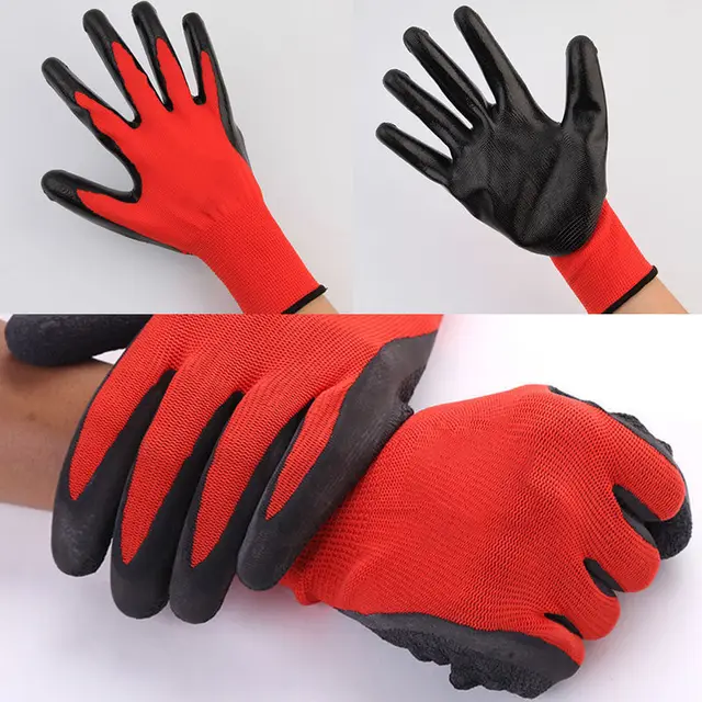 12 Pairs Black Red Nylon PU Safety Work Gloves Builders Grip Palm