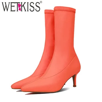 

WETKISS High Heels Ankle Boots Women Stretch Lycra Boots Femme Pointed Toe Shoes Female Party Shoes Autumn 2019 New Orange