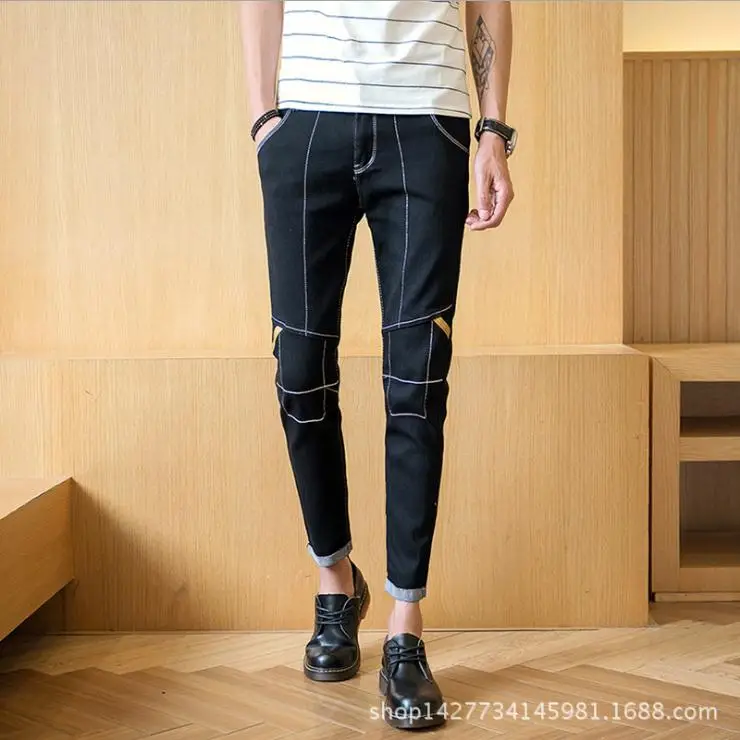 Высокое качество 2019 Осень Зима повседневные облегающие однотонные подростковые дизайнерские студенческие джинсовые мужские брюки оптом