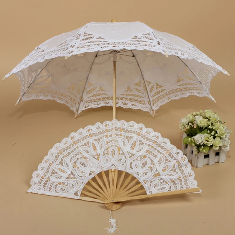 Элегантный хлопковый кружевной зонтик и веер для женщин, карнавальный костюм принцессы, реквизит для костюма, Свадебная вечеринка, деревянный зонт для невесты, Ручной Веер