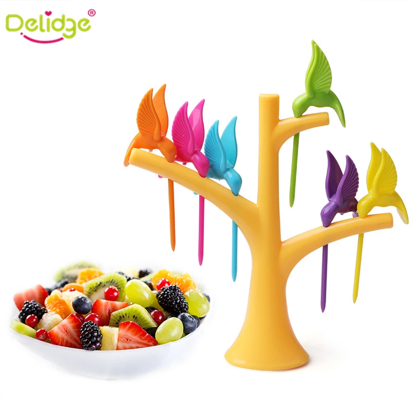 

Delidge 1Set Vegetable Stand Birds Tree Fruits Fork Plastic Food Fork Family Party Snack Dessert Forks Holder Kitchen Tool