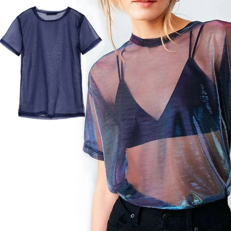 شيك مثير شبكة المحملة انظر من خلال تي شيرت منظور تألق رداء علوي غير رسمي خمر Blusa الأزياء جديد شيك مثير شبكة المحملة انظر من خلال تي شيرت منظور تألق رداء علوي غير رسمي خمر Blusa الأزياء جديد