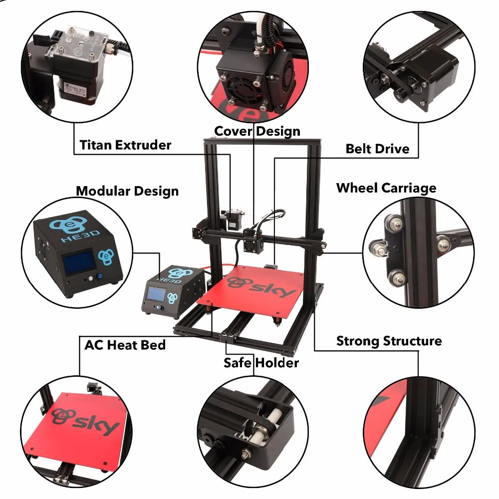 HE3D предварительно собранный sky 3d принтер с титановым Экструдером AC Тепловая кровать полный алюминиевый большой buid размер 300*300*400 мм Двойные головки в подарок