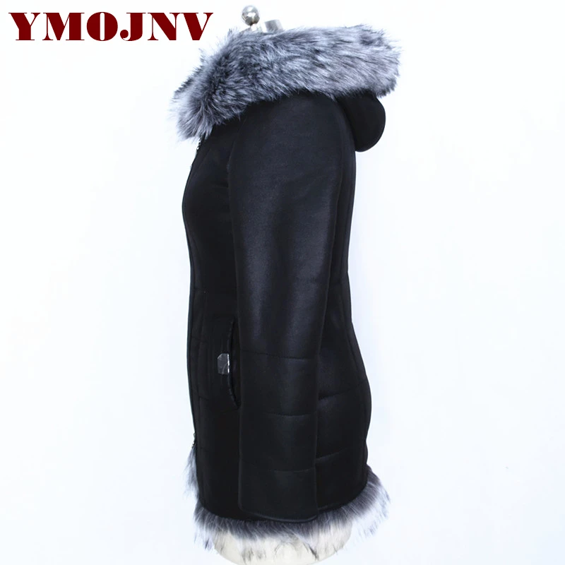 YMOJNV Роскошная зимняя куртка с капюшоном и воротником из искусственного лисьего меха, женская черная утепленная зимняя куртка больших размеров, женская тонкая верхняя одежда