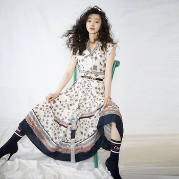 

XF Korean Star With The Same Diamond Pattern Print France Paris Romantic Elegant Ladies Dress Casual Party Summer Ladies Dress