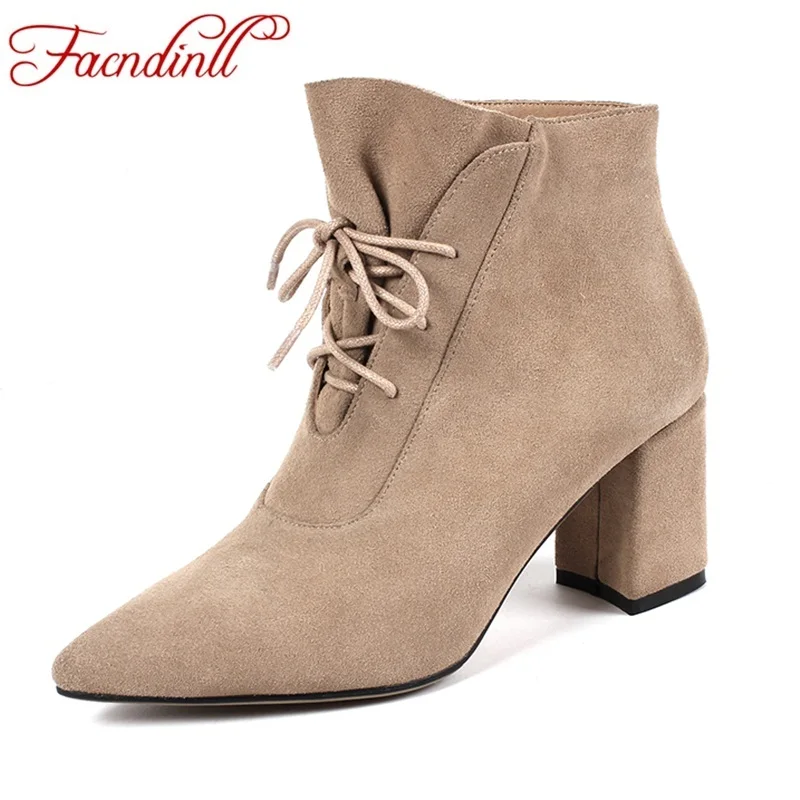 

FACNDINLL 2018 new autumn winter women ankle boots shoes sexy high heel pointed toe sweet lace up woman dress party riding boots