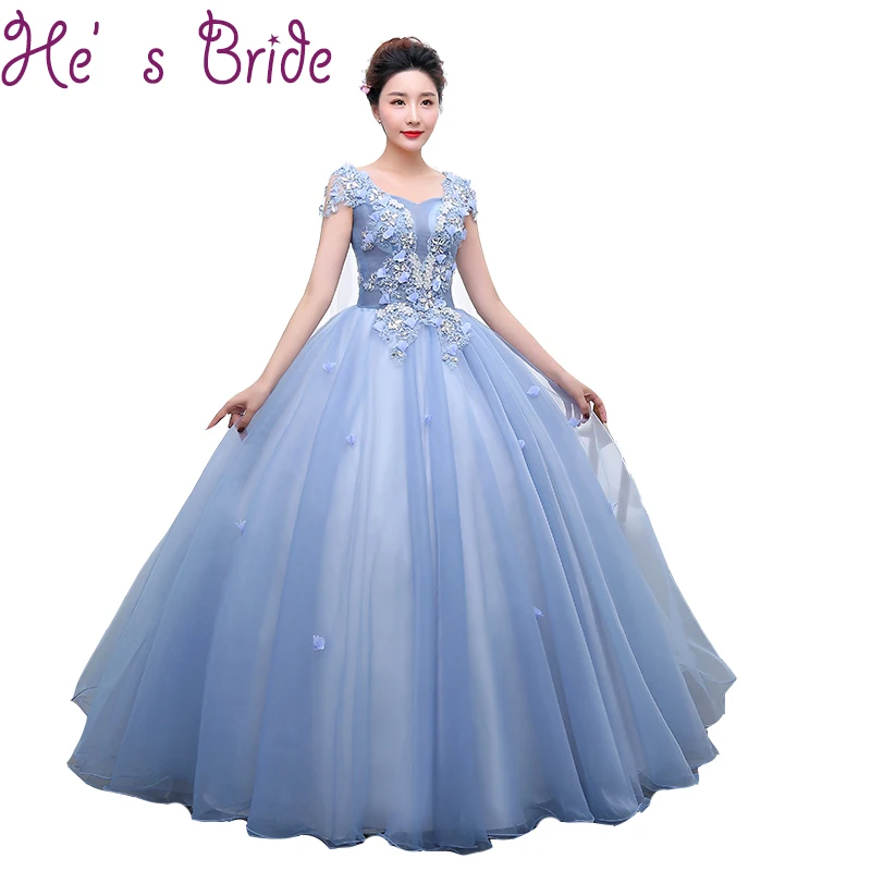 

Evening Dress Elegant Blue Scoop Neck Short Sleeves Lace Up Back Ball Gown Tulle Lace Embroidery Flowers Quinceanera Prom Dress