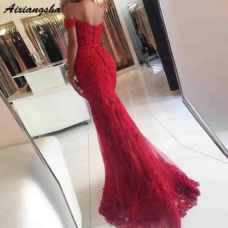 Red Prom Gown Mermaid Off The Shoulder Beaded Lace Party Formal Dress Women Elegant Evening Dresses Robe De Soiree