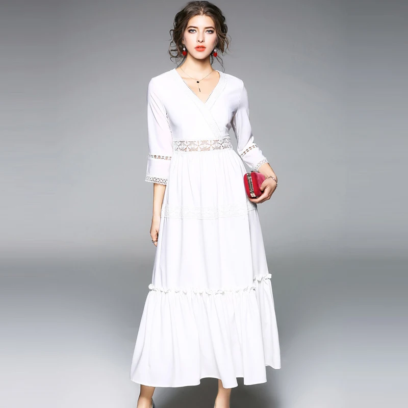 Temperament Fashion Ankle Length Dresses Women Summer Elegant Solid Color V Neck 3/4 Sleeve A