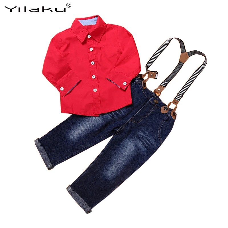 Yilaku Boys Clothes Set Spring Long Sleeve Shirt+Denim Suspender Trousers Sets Baby Boy Clothing